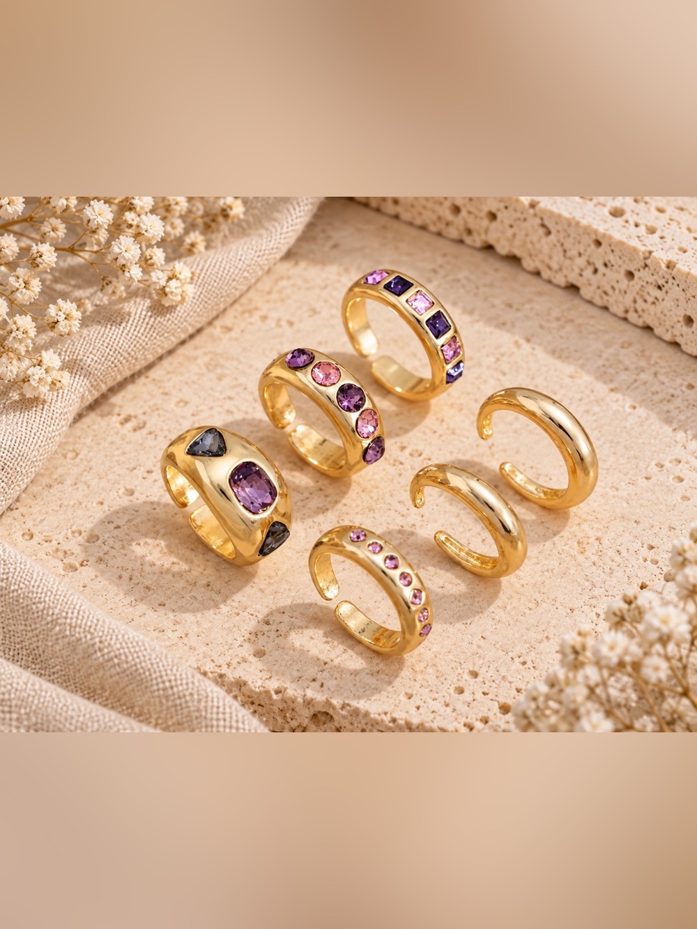 Gold-Plated Pink Stone Stackable Rings - Picture 3 of 3